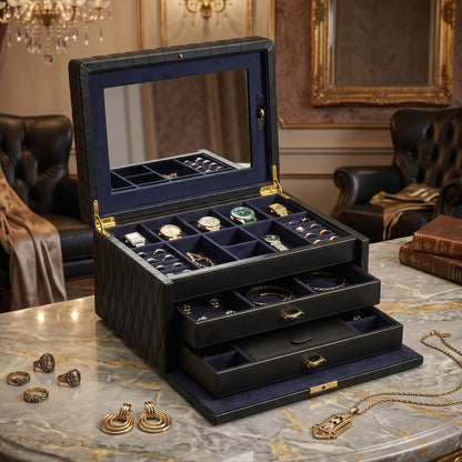 Homruilink Genuine Leather Jewelry Box - 3 Layer Large Jewelry Organizer with Mirror, Lockable Jewelry Box for Women - Necklace, Ring, Earring Organizer with Drawer - Ideal Gift (Black)