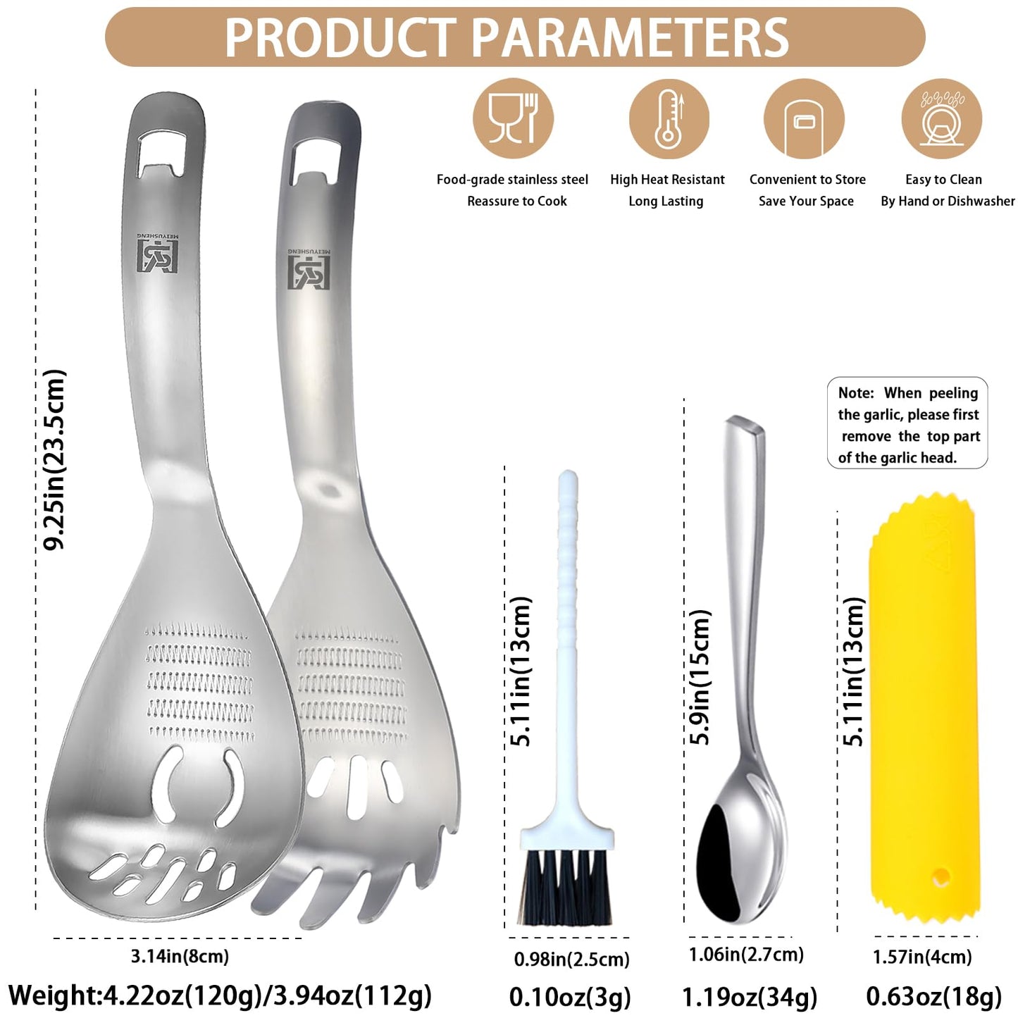 MEIYUSHENG 304 Stainless Steel Multi-Function Pasta Cooking Spoon: Comes with Potato Masher, Egg Yolk Separator, Grater Plate, Bottle Opener & Slotted Spoon