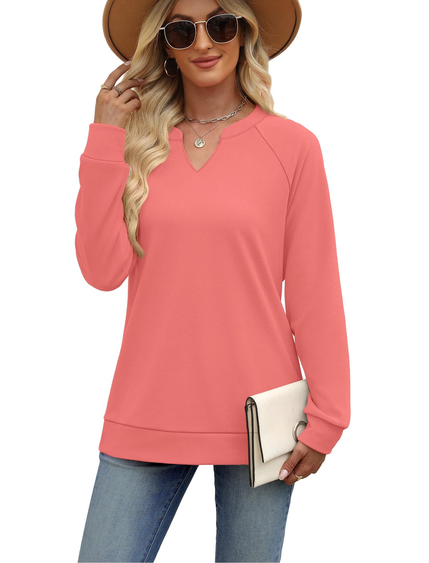 SAMPEEL Sweatshirts for Women V Neck Long Sleeve Shirts Lightweight Sweaters Fall Fashion Tops Outfits 2025