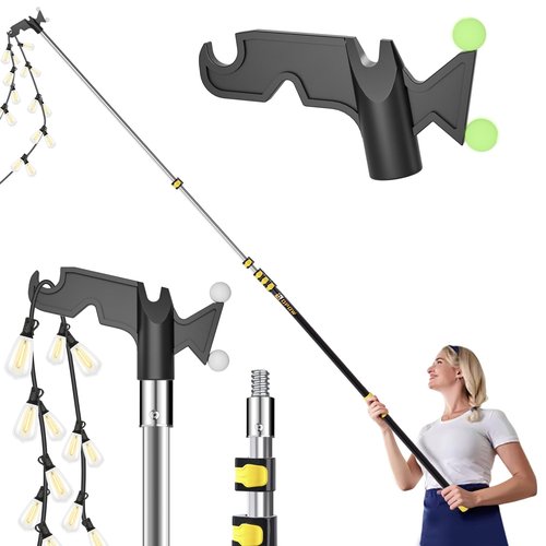 6-24 FT Christmas Light Telescopic Hanger Pole with Utility Hook, Stand Reach 30 Feet Long 3/4 inch Threaded Pole Reaching High Place for Hanging and Installation Lights String, Clothes and Birdfeeder