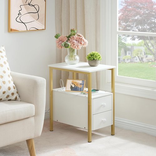 HOOBRO End Table with Charging Station, Narrow Side Table with 2 Drawer & USB Port & Power Outlets, Nightstand for Small Spaces, Stable and Sturdy, for Living Room, Bedroom, Gold and White DW541BZ01