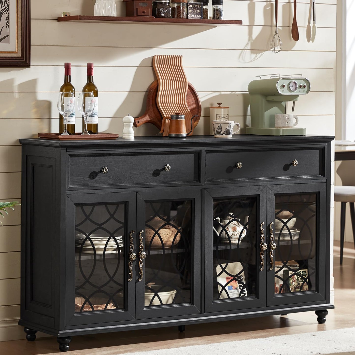 Joaxswe Farmhouse Sideboard Buffet Cabinet with Storage,59" Large Credenza with 4 Glass Doors & 2 Drawers,Adjustable Shelves Console Table,Wood Kitchen Coffee Bar for Dining Room,Living Room,Black