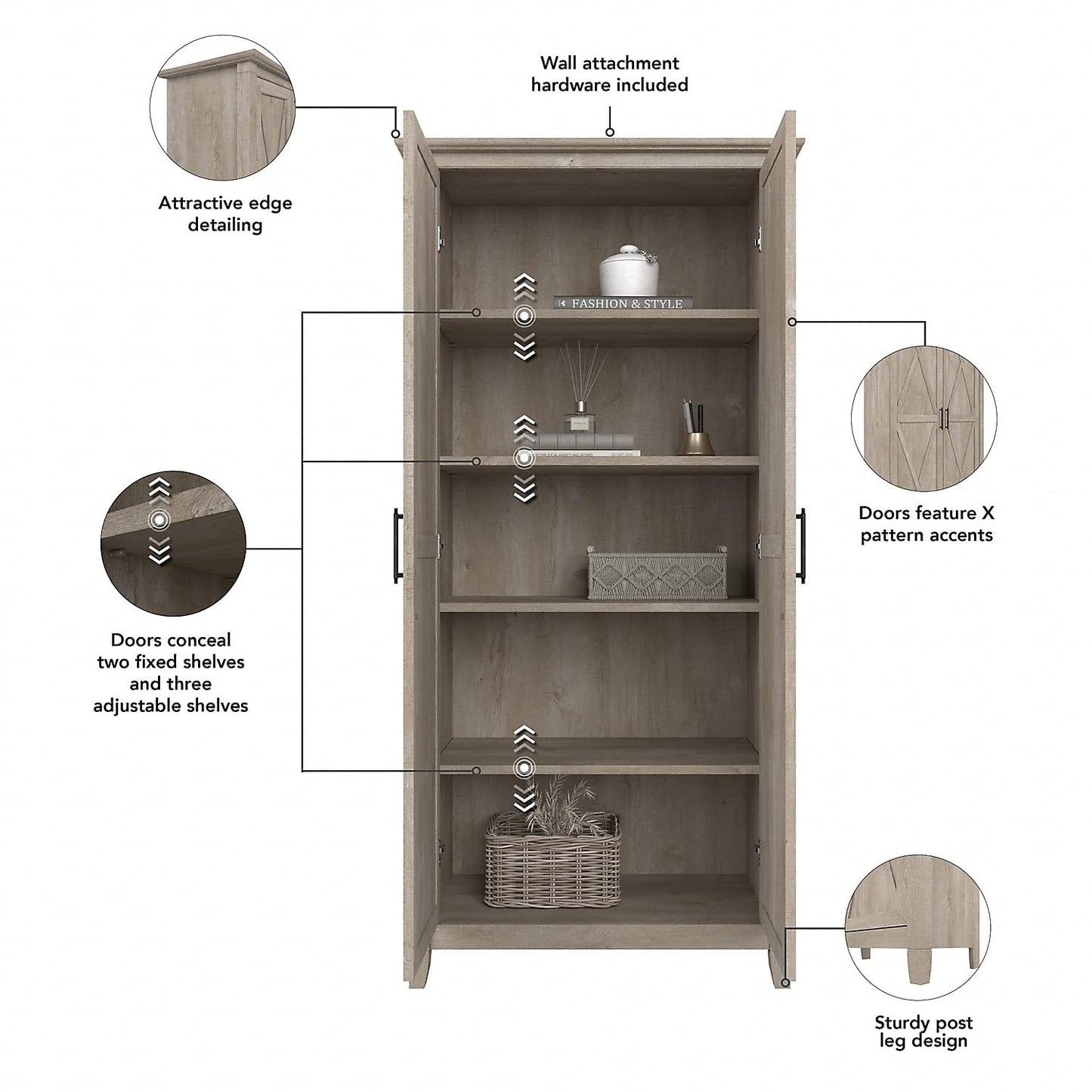Bush Home Key West Tall Storage Cabinet with Doors in Washed Gray
