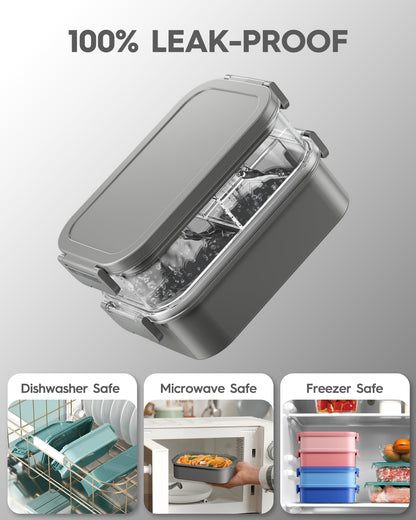 KEMETHY Adults Bento Lunch Box Set with Thermo Bag, 74oz Stackable Leak-proof 3-tiers Bento Box, Built-in Utensil and Sauce Container for Work, School, Dining Out (Gray)