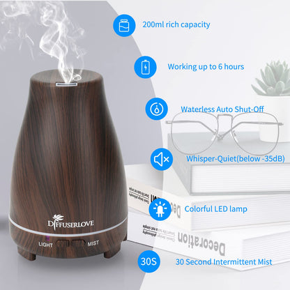 Diffuserlove Essential Oil Diffusers 200ML Remote Control Ultrasonic Mist Humidifiers BPA-Free Aromatherapy Diffuser with 7 Color Lights, Auto Shut-Off for Bedroom Office Kitchen