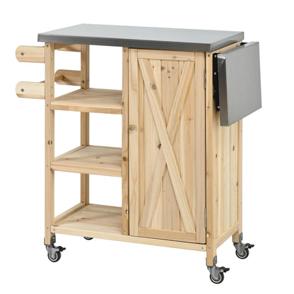 Foldable Outdoor Kitchen Island Cart with Stainless Steel Top, Rolling Grill Table with Storage Cabinet Shelves and Double Towel Rack, Wooden BBQ Prep Station with Lockable Wheels for Patio, Natural