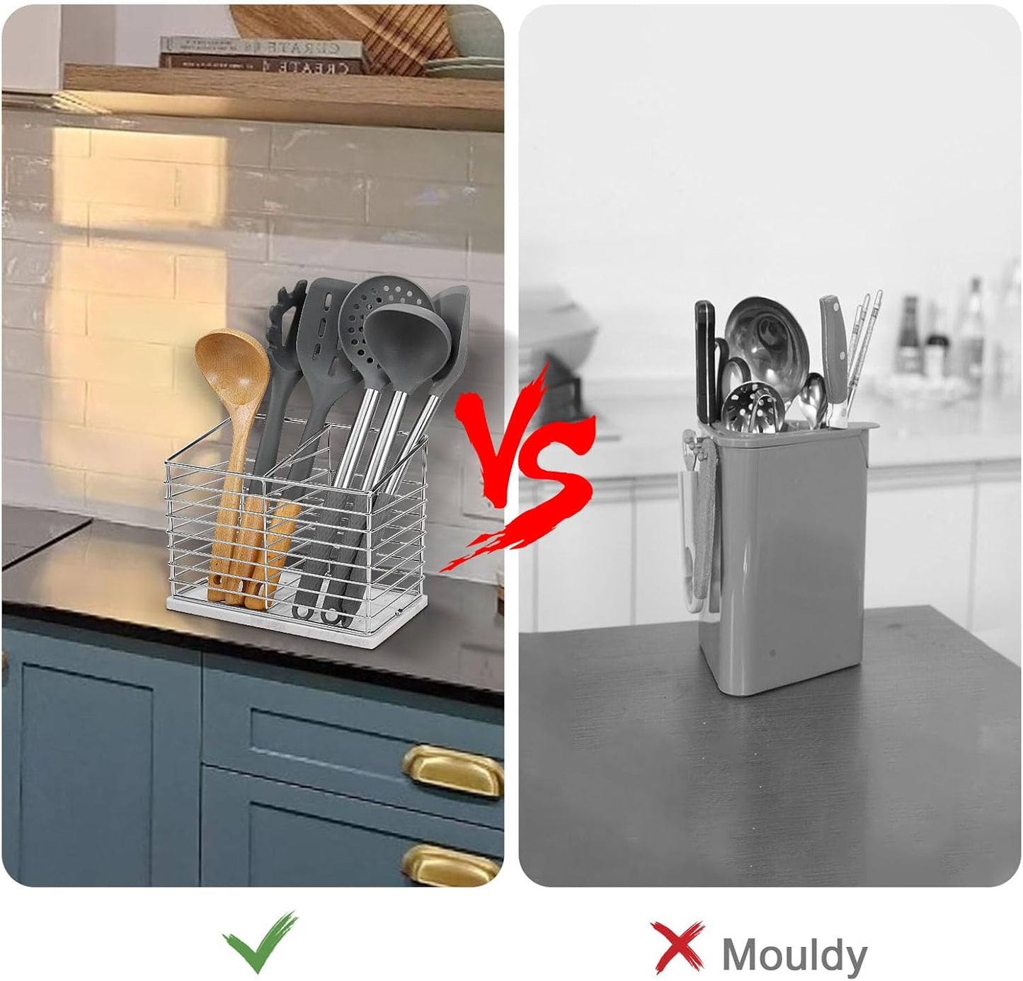 Utensil Holder for Kitchen Counter, Metal Rack for Cooking Tools Storage, Organizer with Drainage Hole (Chrome Marble)
