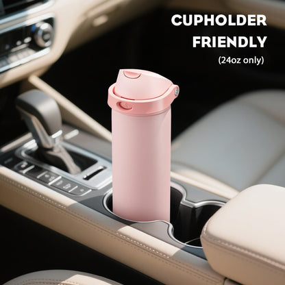 POWCAN 24 oz Insulated Water Bottle for Sports: 2-in-1 Lid with Push-Button Spout & Quick-Flip Straw, Leakproof, Car Cupholder Friendly, Stainless Steel for Gym, School, Travel (Cotton Candy)