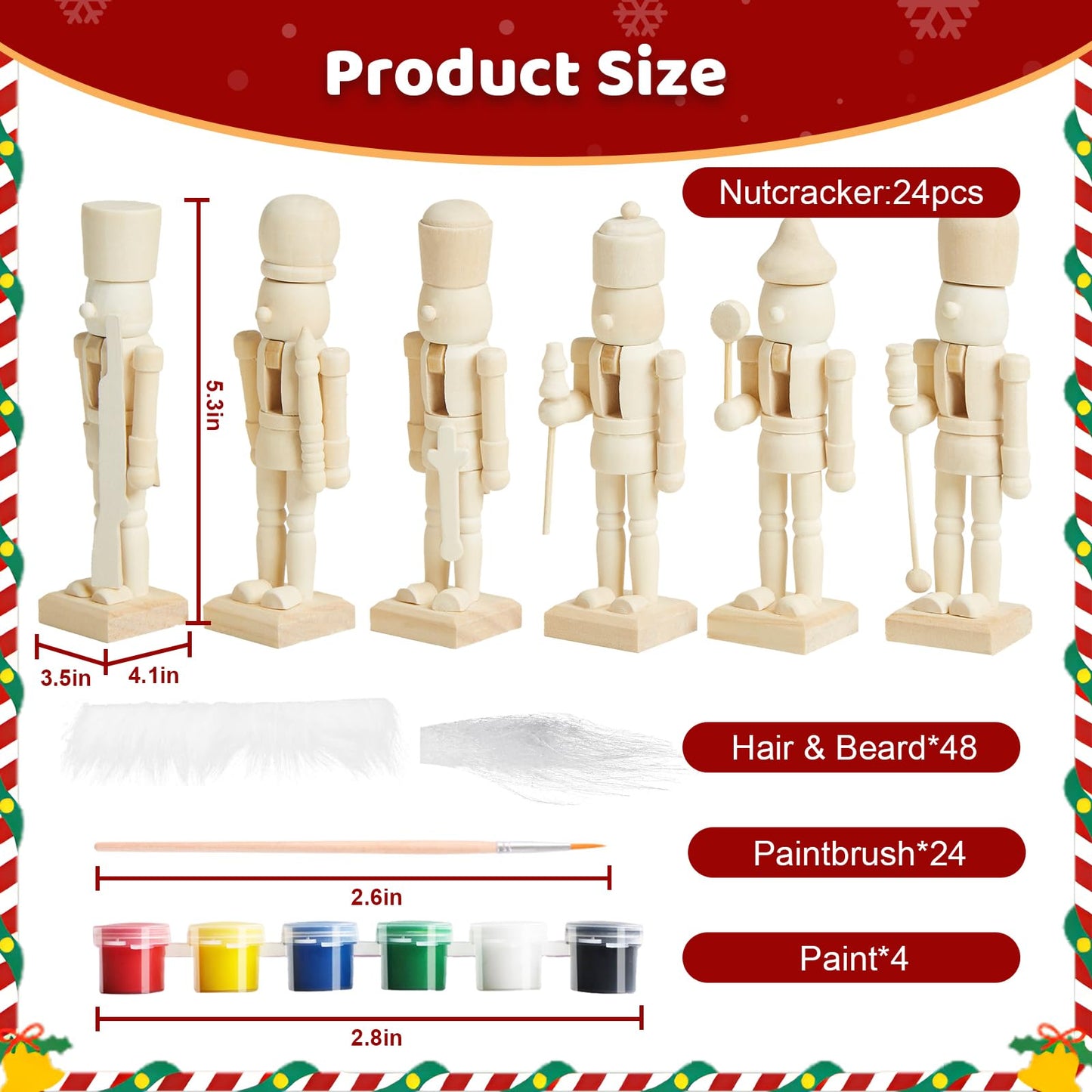 CUKBLESS 72 PCS Christmas Wooden Nutcracker to Paint Kit,24-Pack of 5 Inch Unpainted Nutcracker Figures with Beards,Hair,Brushes & Paint for DIY Craft Ornaments