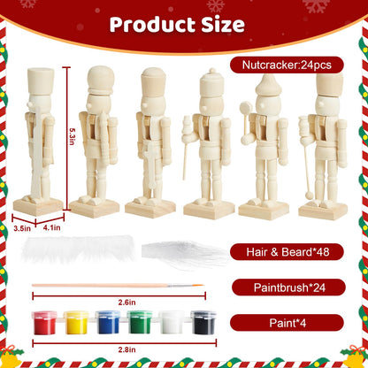 CUKBLESS 72 PCS Christmas Wooden Nutcracker to Paint Kit,24-Pack of 5 Inch Unpainted Nutcracker Figures with Beards,Hair,Brushes & Paint for DIY Craft Ornaments