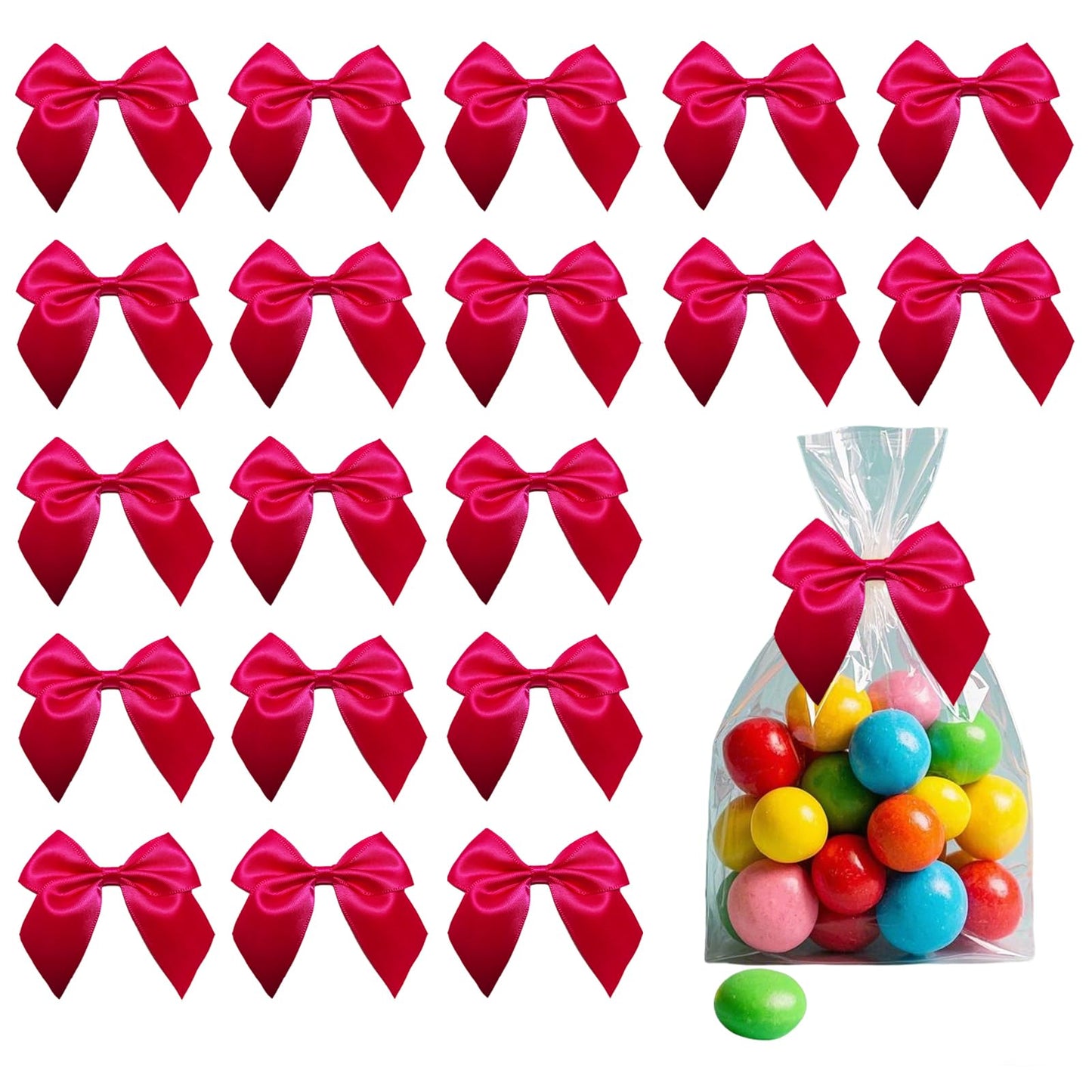 ULIFEBETTER 50PCS Hot Pink Satin Bows, Hot Pink Bows for Crafts Twist Tie Bows for Gift Wrapping Double-Sided Tape Bows for Treats Bags Wrapping Baby Shower Wedding Decorations(2.7x2.5 Inch)