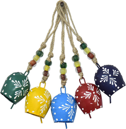 Set of 5 Painted Bells - 7cm Hanging Harmony Multicolor Metal Bells on Rope, Farmhouse Wall Décor