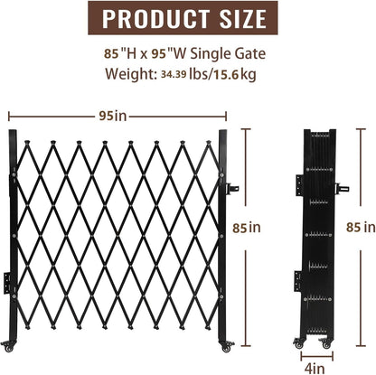 Garvee 85" H x 95" W Single Folding Security Gate, Steel Expandable Fence with 360° Rolling Wheels for Courtyard, Garage, and Garden Access Control