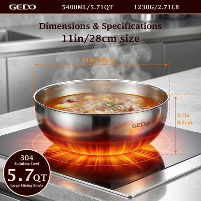 GEDO Triple-Layer 304 Stainless Steel Mixing Bowl, All Stovetop Compatible Deep Large Capacity Bowl with Non-Stick Mirror Polished Interior for Kneading Dough, Baking, Cooking (11in / 28cm)