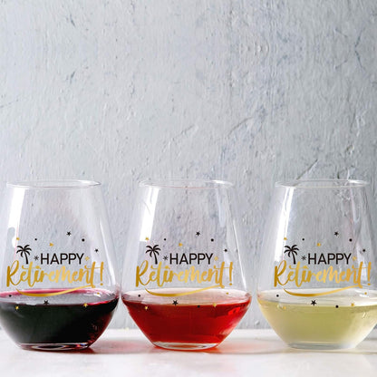 Patelai Happy Retirement Wine Glasses 17 oz, Stemless Wine Glasses for Women Men, Black and Gold Retirement Gift