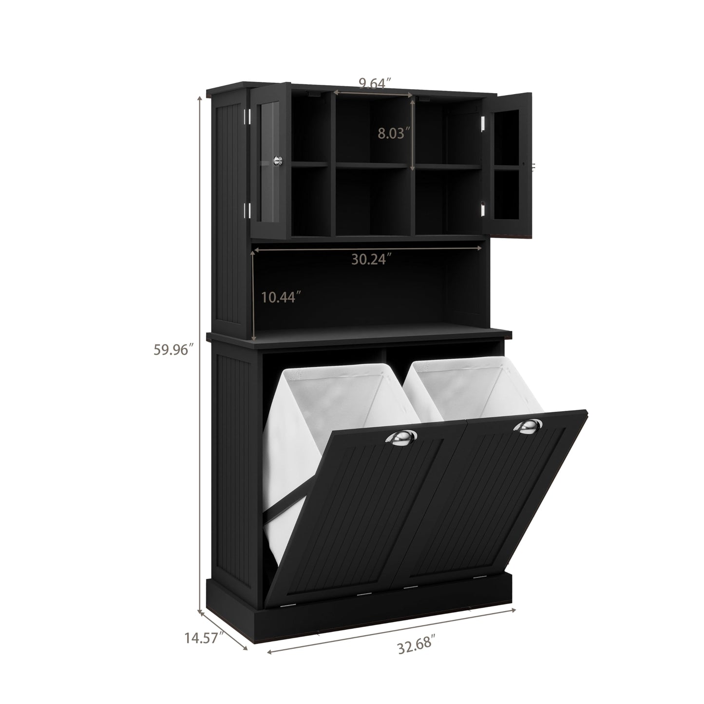 Sang Seiyoga Tilt Out Laundry Hamper Cabinet, Double Compartment Sorter Tall Organizer with 2 Adjustable Shelves & Top Shelf, Space Efficient for Bathroom/Dorm, Easy Clean Interior Black