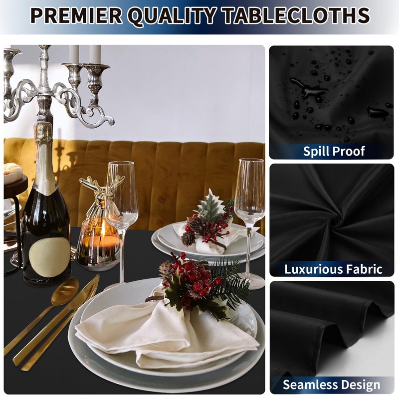 PureFit 6 Pack Rectangle Black Table Cloths 60 x 126 Inch for 6Ft Tables, Stain and Wrinkle Resistant Table Linens for Home Use, Wedding, Party, Banquet and Camping