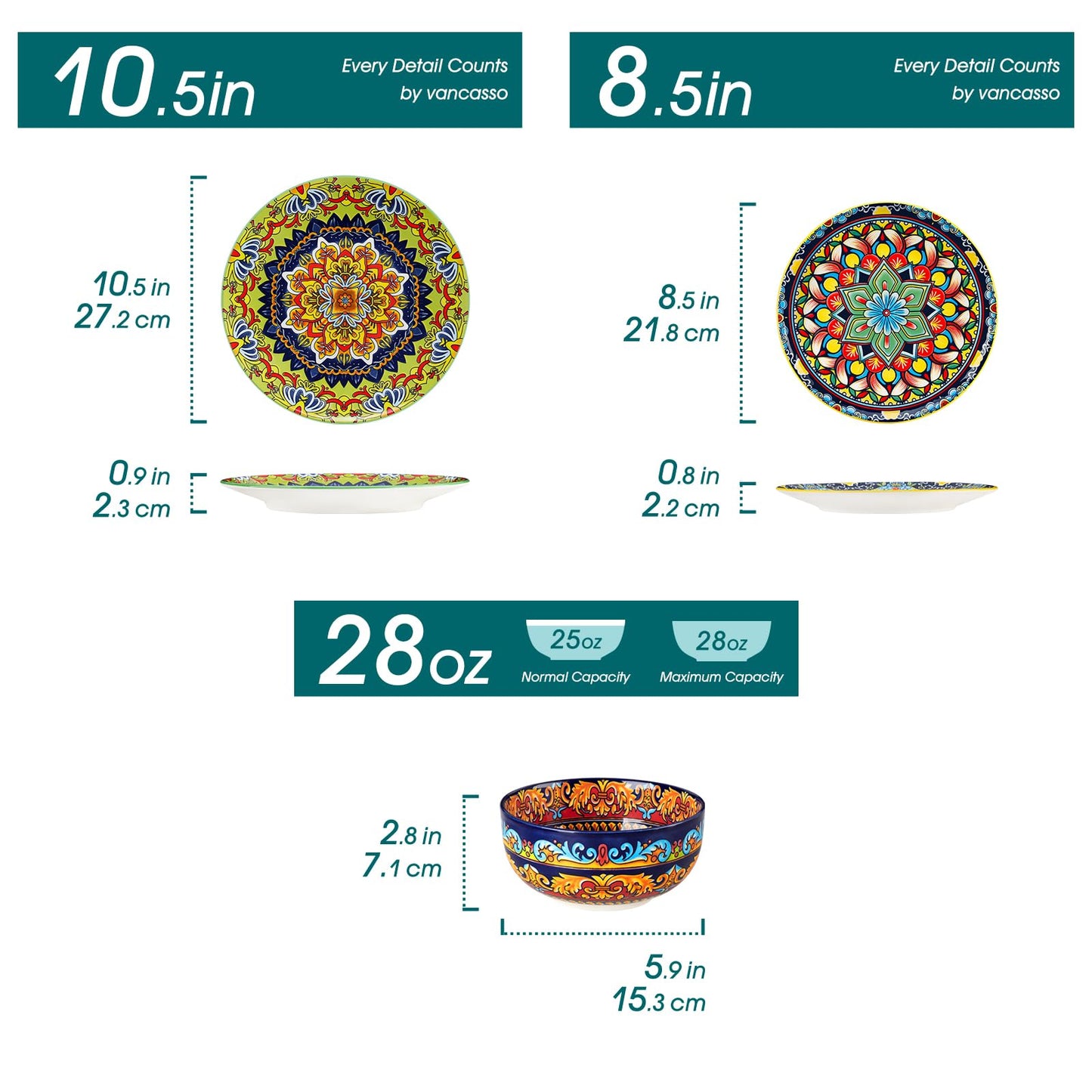 vancasso Plates and Bowls Sets,12-Piece Porcelain Dinnerware Set Service for 4, Bohemian Style Dishes Set for 4, Kitchen Dinner Set, Microwave and Dishwasher Safe, Scratch Resistant, Series KRVI