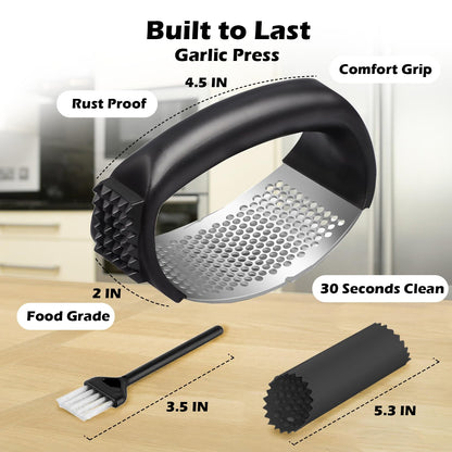FATUXZ Garlic Press Rocker Set，Stainless Steel Garlic Mincer Tool with Garlic Peeler and Cleaning Brush Kitchen Gadgets Essentials Garlic Chopper