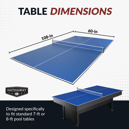 Hathaway 9 ft Quick Set Table Tennis Conversion Top – Regulation Sized, Foldable, Durable Engineered Surface, Protection Pads – Indoor Ping Pong Table Topper for Pool Table w/Net & Posts – Blue