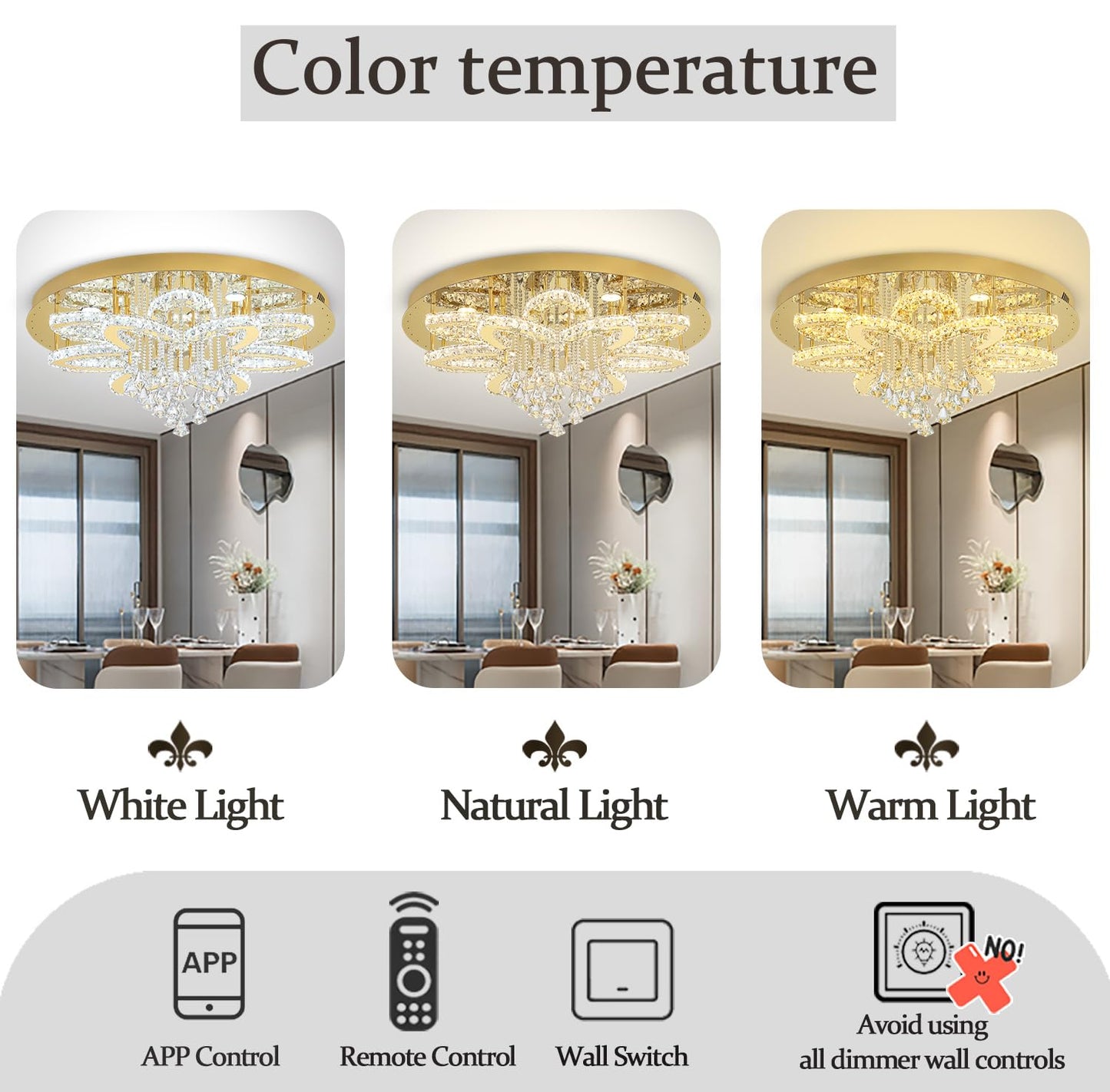 Flashing God 32'' Modern Crystal Chandeliers for Living Room Crystal Ceiling Light Fixture LED Dimmable Pendant Lighting Flush Mount Ceiling Chandelier for Dining Room Bedrooms Foyer Gold