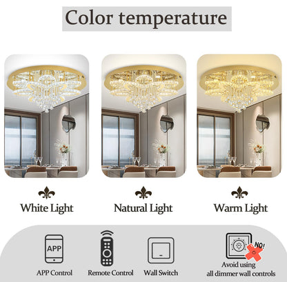 Flashing God 32'' Modern Crystal Chandeliers for Living Room Crystal Ceiling Light Fixture LED Dimmable Pendant Lighting Flush Mount Ceiling Chandelier for Dining Room Bedrooms Foyer Gold