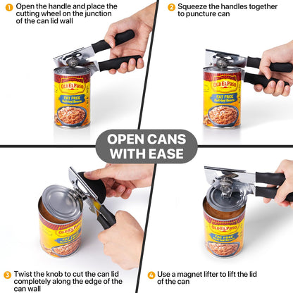 Can Opener Manual Heavy Duty, UHIYEE Hand Held Can Openers for Seniors with Comfort Grip Sharp Blade, Solid Steel Hand Manual Can Open with Magnet for Kitchen Camping, Black