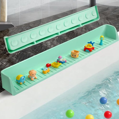 Longer Splash Guard for Bathtub Kids, 2.6 Ft Silicone Bathtub Splash Guard for Tub Kids with 11 Strong Suction Cups, Play Shelf & Toy Holder Tray to Prevent Mess and Water Overflow from the Tub