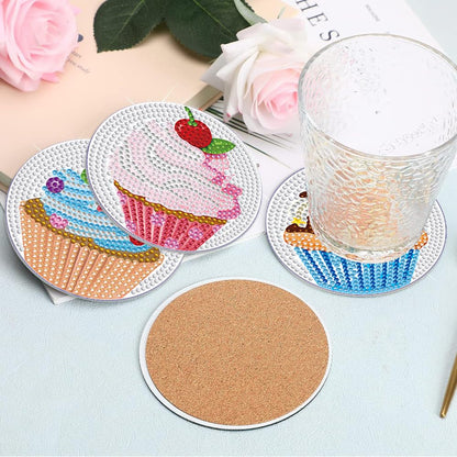 PERFECTSIGHT 8 Pcs DIY Diamond Art Painting Coasters with Holder, Cute Diamond Paint Coaster Kits for Adults, Kawaii Full Drill Diamond Art Craft Paint by Number Non Slip Coaster - Silver Cupcake