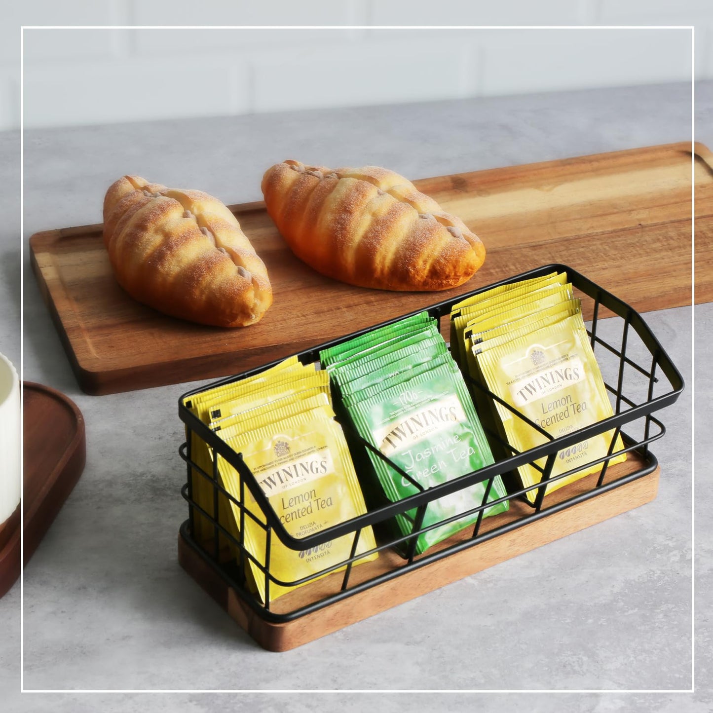 WILDMOS Tea Bag Organizer,Iron Wire Basket with Wooden Base.Tea Storage Containers with 3 Slots,Sugar Packet,Tea Bar Accessories for Countertop Cabinet Drawer.