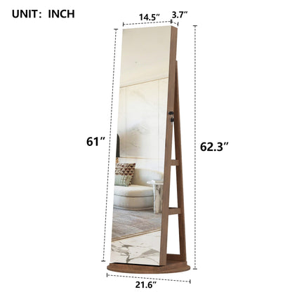 KEIKI 360°Swivel Jewelry Armoire with Full Length Mirror, 62.3" Rotating Standing Jewelry Armoire Organizer, Lockable Storage Cabinet, Interior Lighted Mirror, Walnut