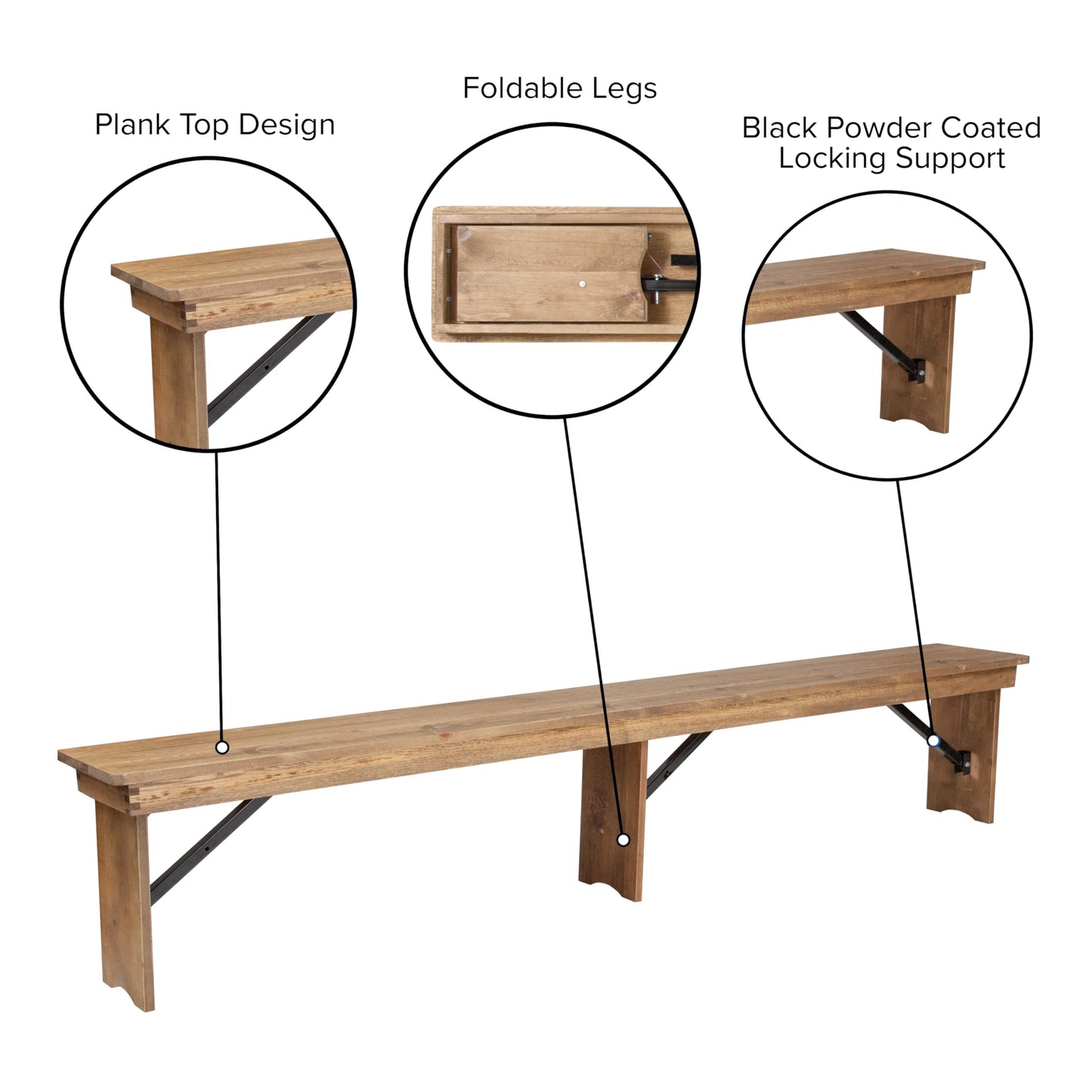 Flash Furniture Hercules Series 8' x 12' Commercial Grade Rustic Solid Pine Folding Bench, Antique Farmhouse 3 Leg Dining Bench, Seats up to 4 Adults