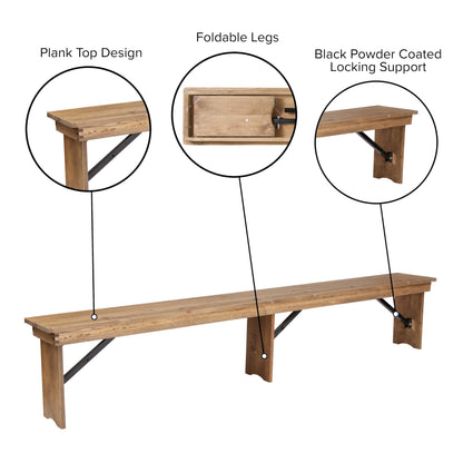 Flash Furniture Hercules Series 8' x 12' Commercial Grade Rustic Solid Pine Folding Bench, Antique Farmhouse 3 Leg Dining Bench, Seats up to 4 Adults