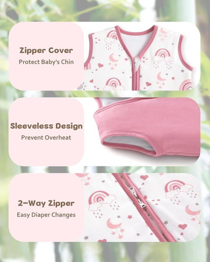 Bamboo Rayon Baby Sleep Sack - Soft 1.0 Tog Wearable Blanket for 6-12 Months | 2-Pack Pink Rainbow