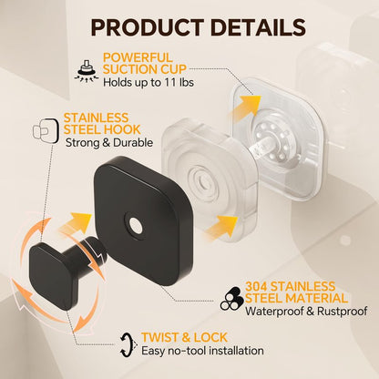 4 Pack Stainless Steel Suction Cup Hooks for Shower, Removable No Drill Towel Hooks for Bathroom Glass Door Mirror Tile, Waterproof Rustproof Suction Hooks for Loofah, Bath Robe, Coat, Matte Black