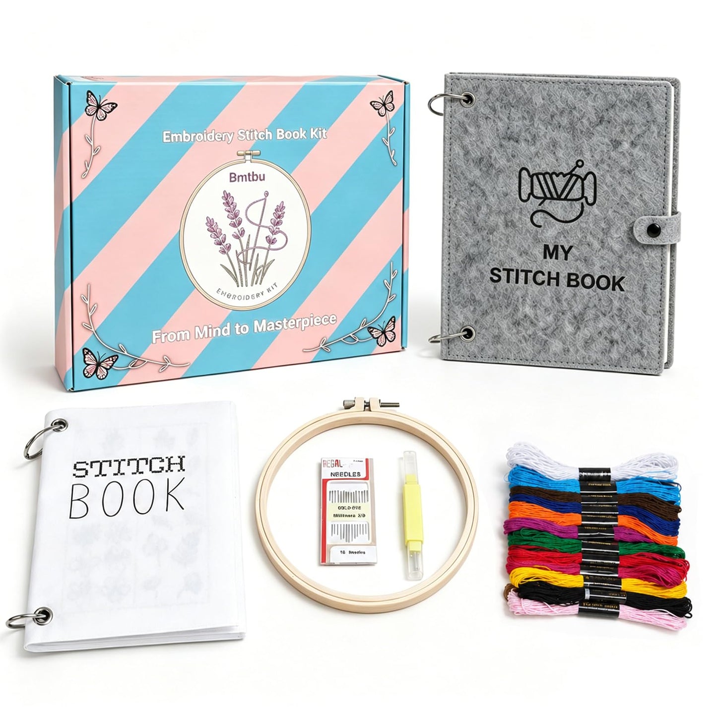 2026 Upgraded Embroidery Stitch Book Kit with 8.27"x10.65" Portable Loose-Leaf Cover, 103 Stitches & 60 Patterns, All-in-One Hand Embroidery Kit for Beginners with Tools & Step-by-Step Video Tutorials
