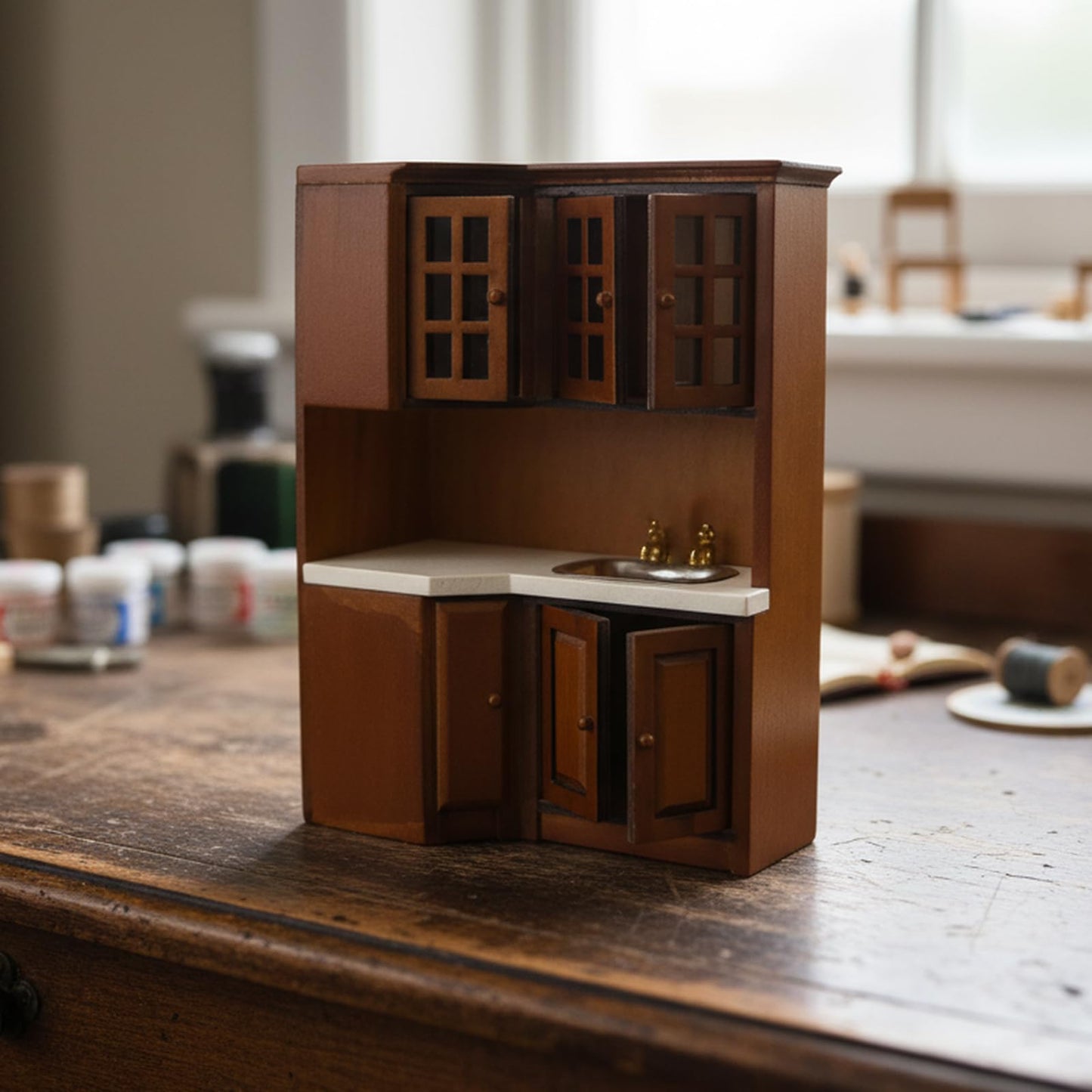 Dollhouse Kitchen Cabinets 1 12 Scale Miniature Furniture Mini House Furniture Accessories Furnishings Decoration Present for Miniature Collectors (Brown)