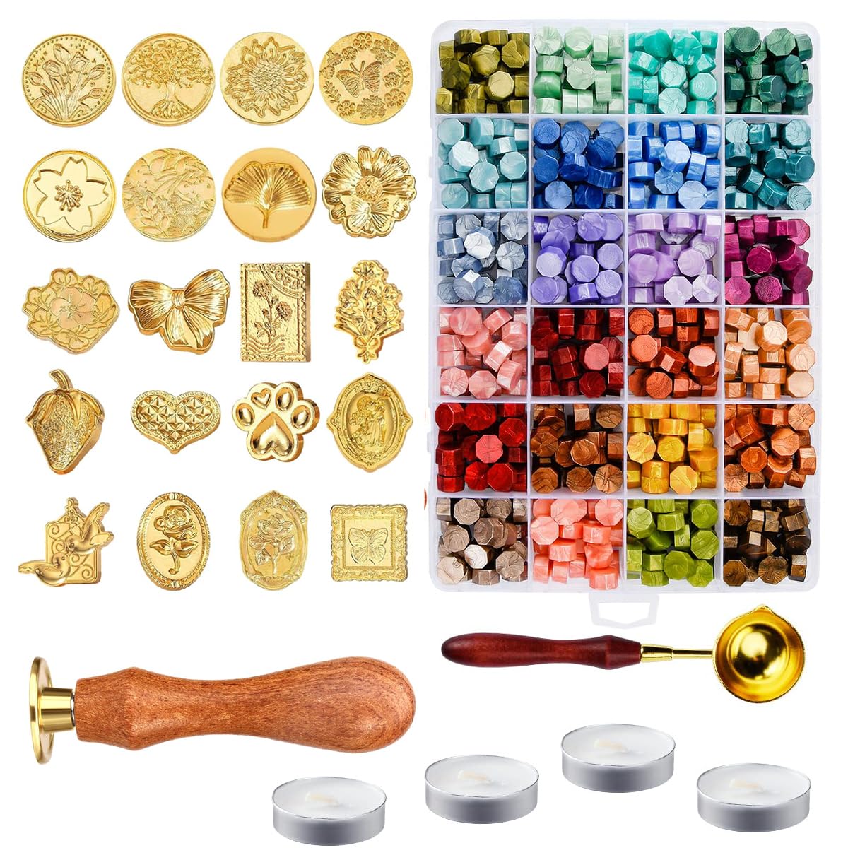 Wax Seal Stamp Kit，Sealing Wax Beads in 24 Colors、21pcs Sealing Wax Stamp Heads with Wooden Handle，Heater, Candle，Perfect for Wedding Invitations,Envelopes