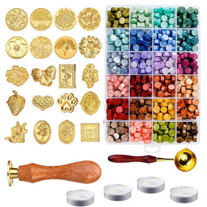 Wax Seal Stamp Kit，Sealing Wax Beads in 24 Colors、21pcs Sealing Wax Stamp Heads with Wooden Handle，Heater, Candle，Perfect for Wedding Invitations,Envelopes