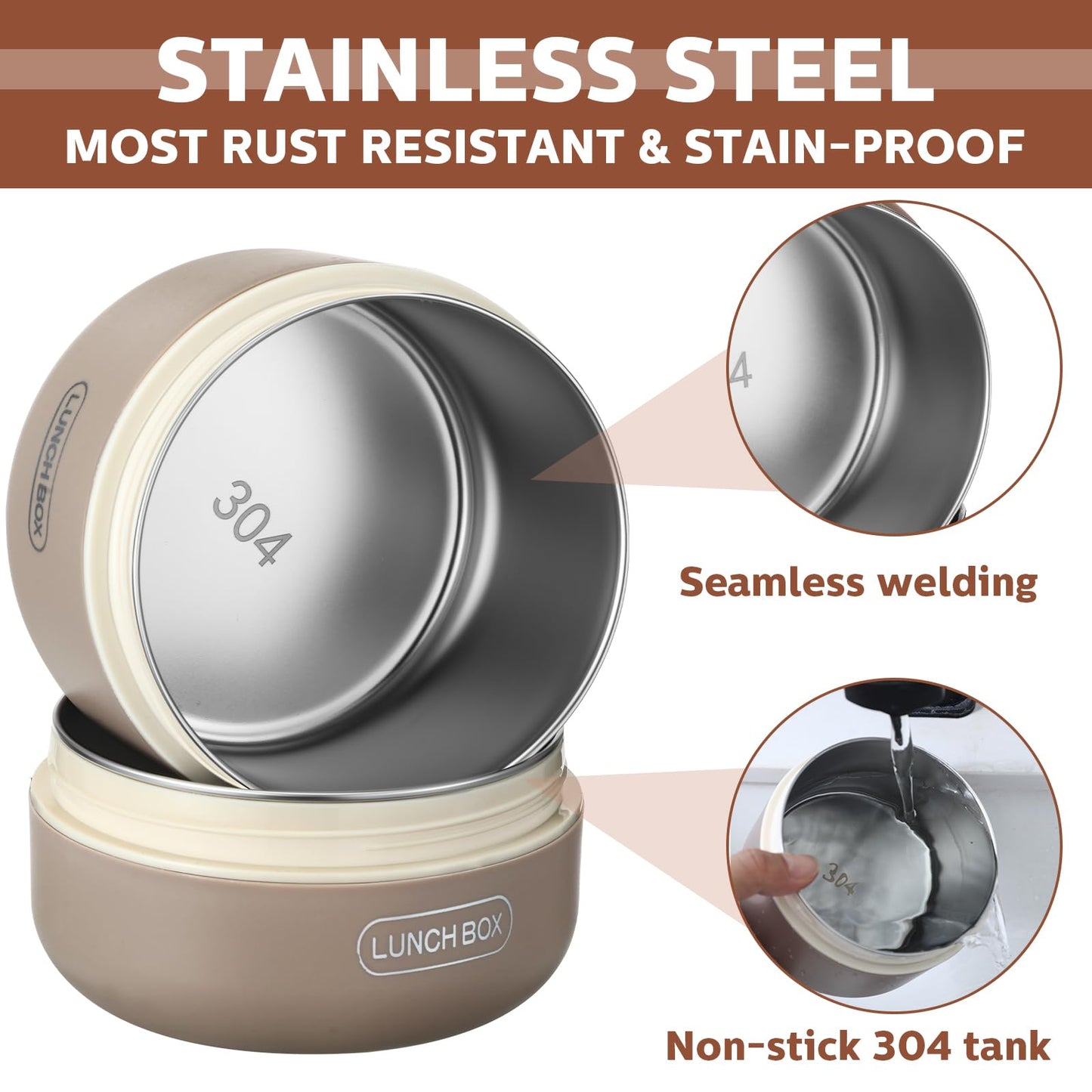 Dandat 4 Pcs Insulated Bento Box Portable Stainless Steel Food Container Round Stackable Leakproof Thermal Food Container for Adult Men Women with Insulated Bag, 74 oz(Khaki)