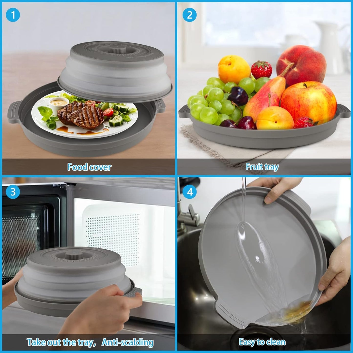 Microwave Splatter Cover with Plate Tray Set, BPA Free, 10.6 Inch Lid, Gray