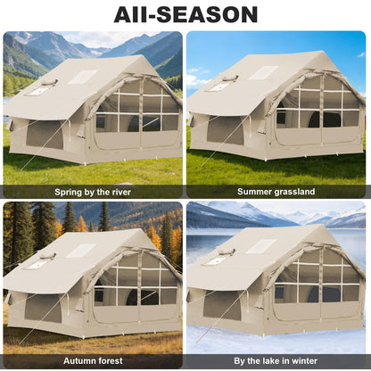 4-6 Person Inflatable Tent for Camping with Stove Jack, Hand Air Pump Easy Setup Blow Up Tents for 4 Seasons Waterproof Inflatable Air House Tent for Outdoor Adult