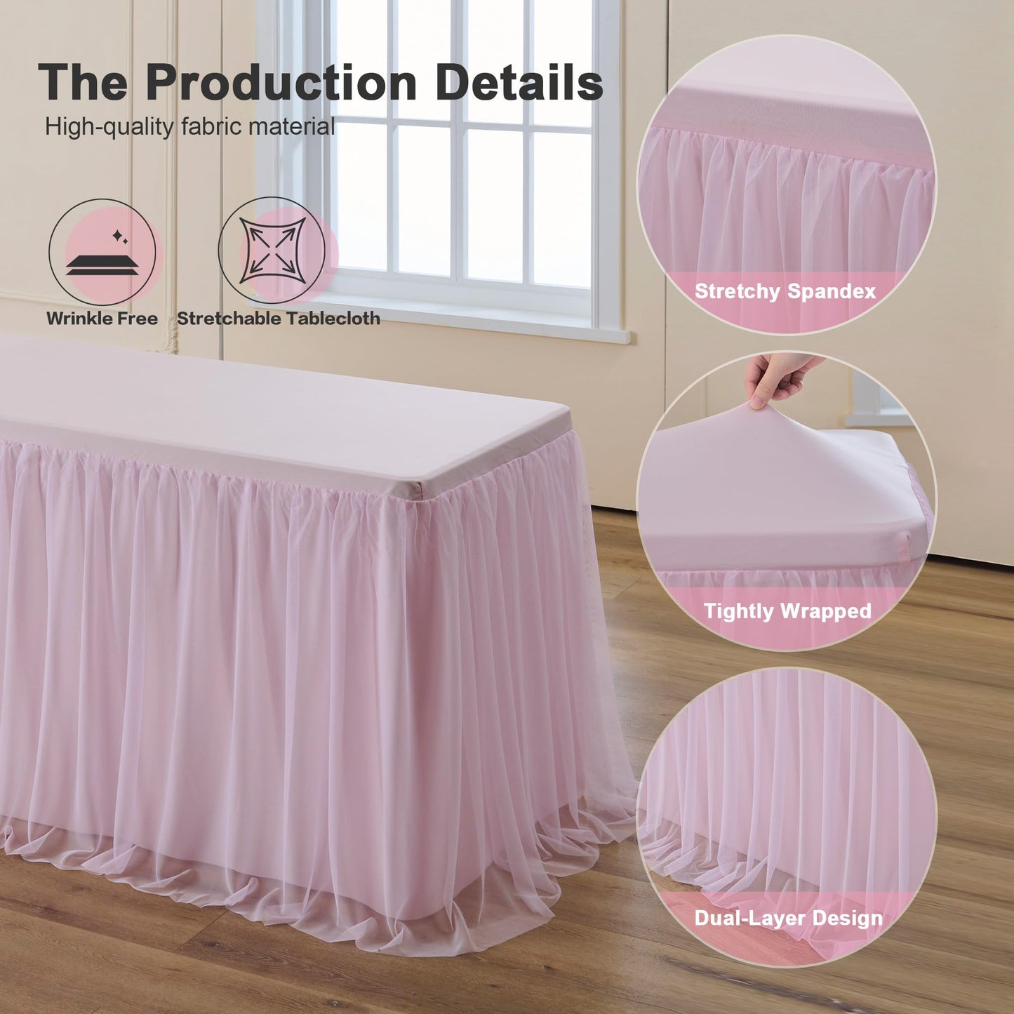 familus Pink Table Cloths 6 Foot Rectangle 2 Pack Stretch Ruffle Tulle Tablecloth Spandex Fitted Table Cover for 6 Foot Tulle Table Skirts for Party Wedding Table Cloths, Banquets