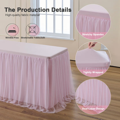familus Pink Table Cloths 6 Foot Rectangle 2 Pack Stretch Ruffle Tulle Tablecloth Spandex Fitted Table Cover for 6 Foot Tulle Table Skirts for Party Wedding Table Cloths, Banquets