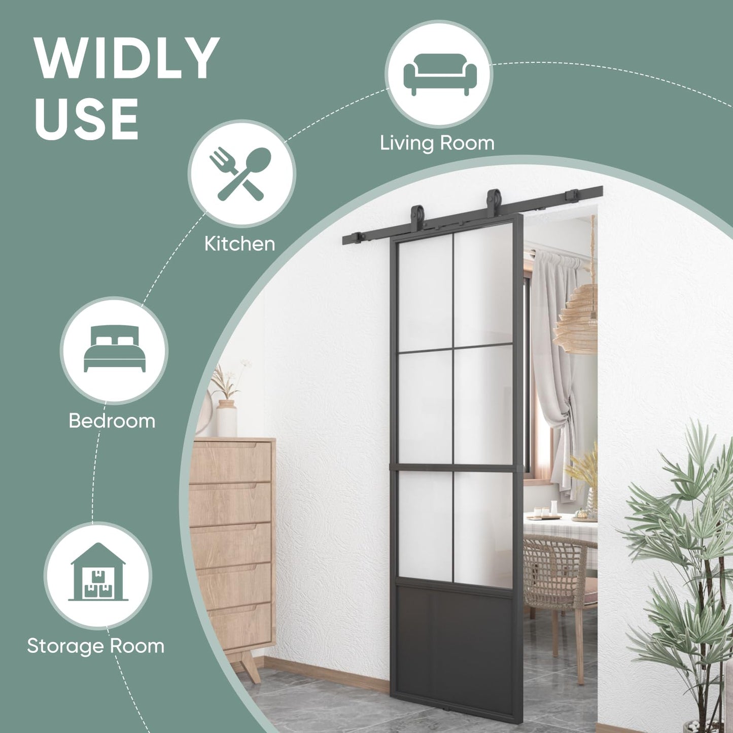 JUBEST 32in x 84in Glass Barn Door, Frosted Tempered Glass Carbon Steel Pre Drilled Frame Sliding Barn Door Panel with 5.5FT Hardware Kit and Soft Close Mechanism