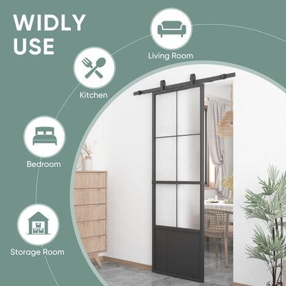 JUBEST 32in x 84in Glass Barn Door, Frosted Tempered Glass Carbon Steel Pre Drilled Frame Sliding Barn Door Panel with 5.5FT Hardware Kit and Soft Close Mechanism