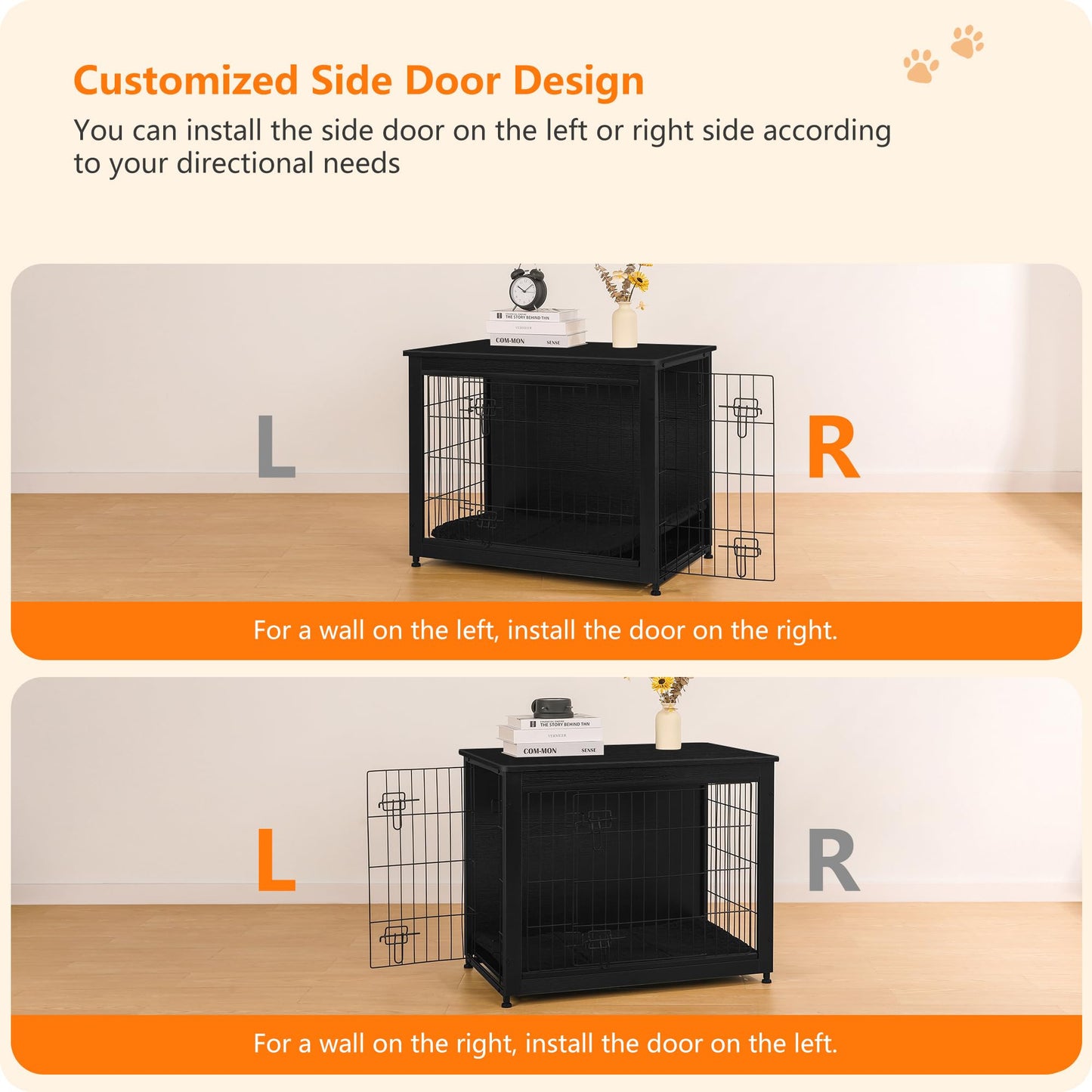 DWANTON Dog Crate Furniture with Cushion, Wooden Kennel Table with Double Doors, Indoor Dog House, Medium Size, 32.5" L, Black