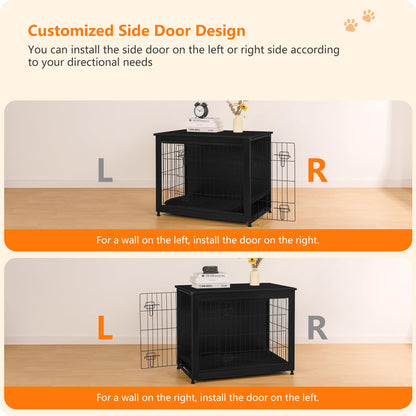 DWANTON Dog Crate Furniture with Cushion, Wooden Kennel Table with Double Doors, Indoor Dog House, Medium Size, 32.5" L, Black