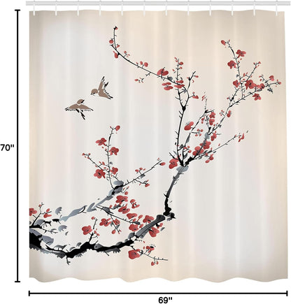 Ambesonne Nature Shower Curtain 69" W x 70" L, Burgundy Black Flowers Buds Birds Art Painting Effect, Cloth Fabric Bath