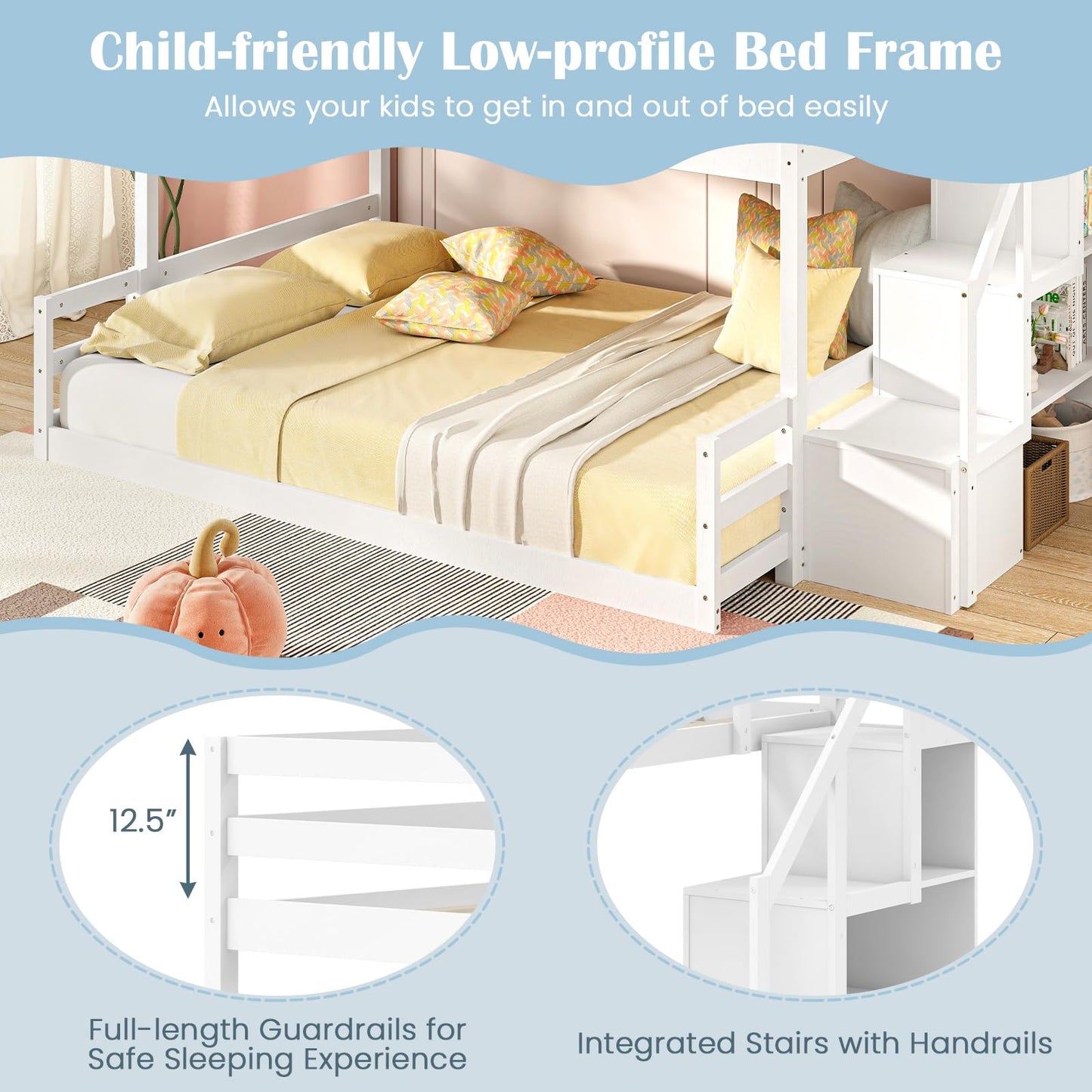 Giantex Twin Over Full Bunk Bed with Stairs, Solid Wood Floor Bunk Bed with Storage Staircase & Full-Length Guardrails, Low Bunk Bed with for Kids, Teens, Adults, Dorm, Small Space, White